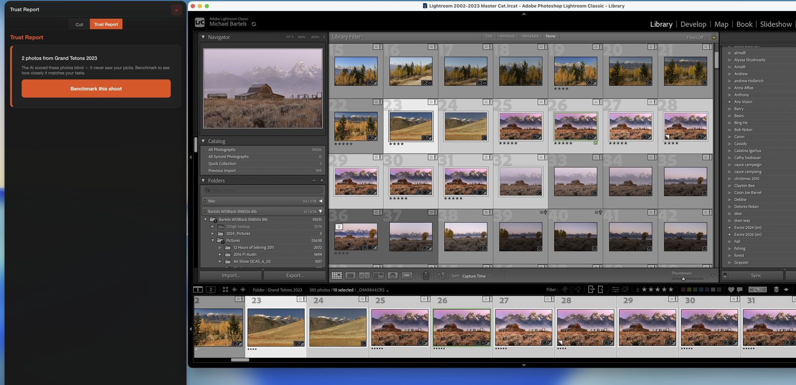 LrForge's Trust Report panel open beside the Lightroom Classic Library grid, showing a real Grand Tetons catalog