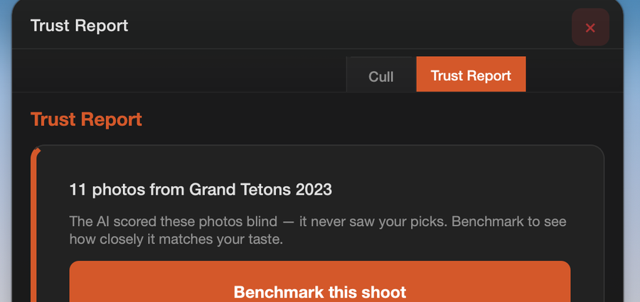 Trust Report ready screen: 11 photos from Grand Tetons 2023, before the AI's blind scores are revealed